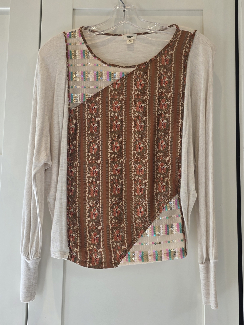 Anthropologie Cream And Brown Floral & Sequin Long-Sleeve Women's Top